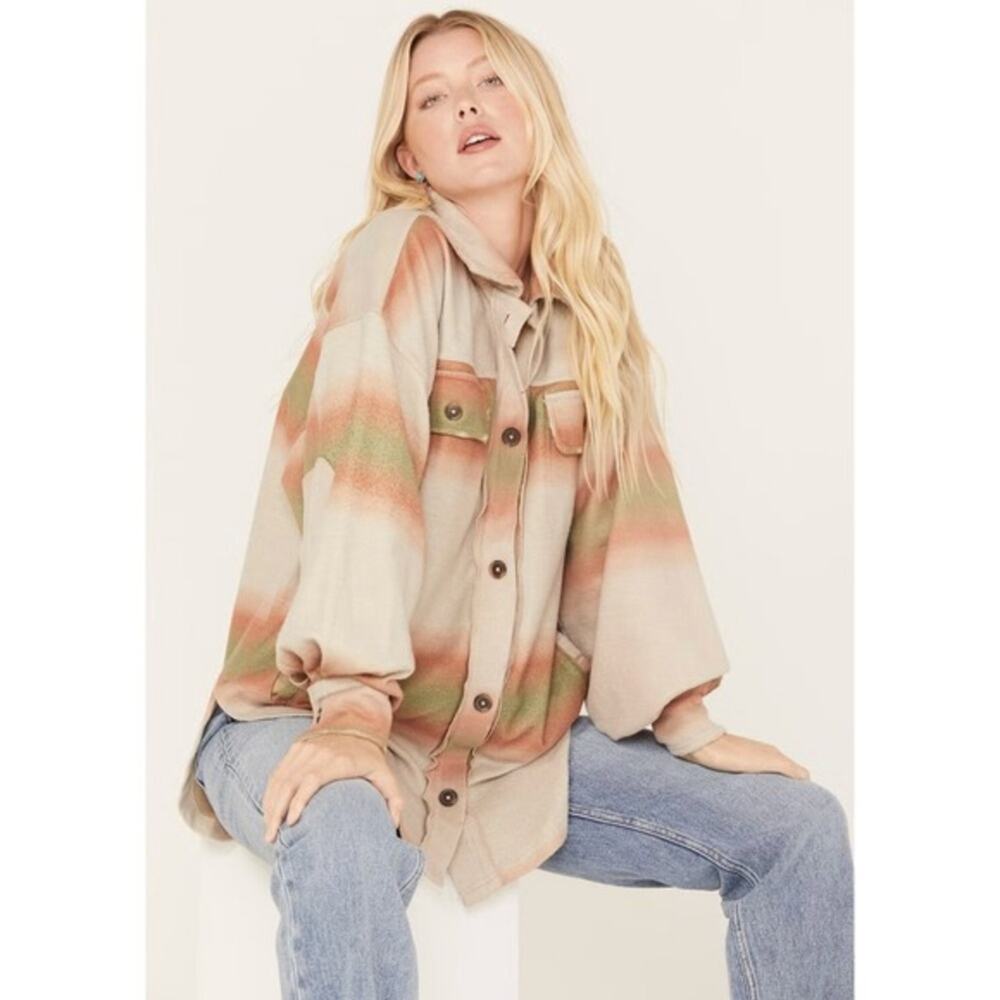 Free People‎ We The Free Ruby Jacket Sunset Ombre Stripe Fleece Shacket Medium